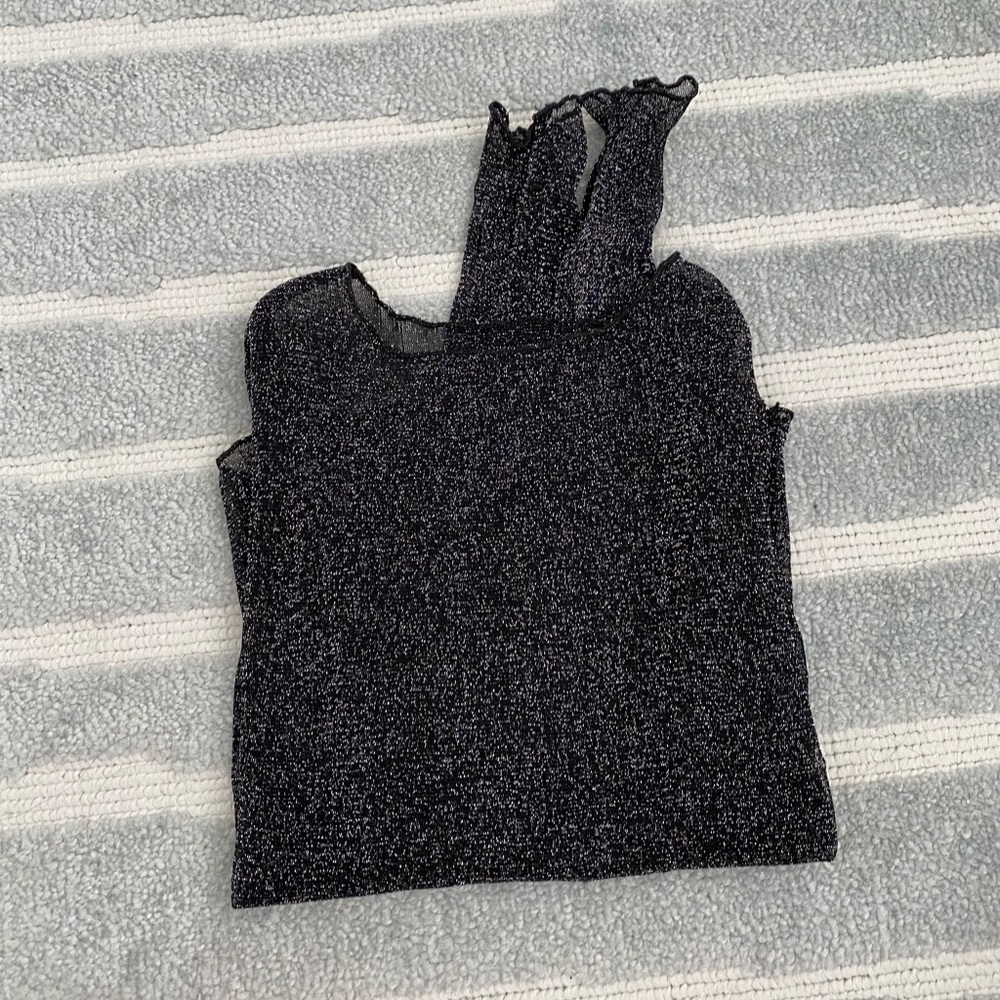 Superdown Black and Silver Glitter Mesh Long Sleeve Top